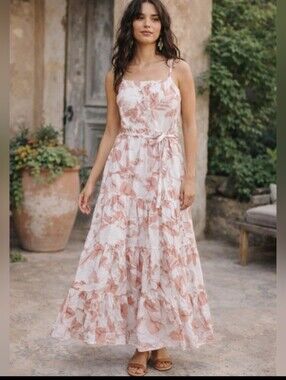 Blush Floral Maxi Dress Tie Waist Spaguetti Straps Boho Chic Cotaggecore Summer